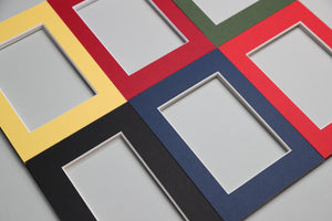 Standard size mount board colours available in red, green, blue, black, white, black and grey.  Combined with our standard sizes, uk made hight quality board, and computerised cut, these really are industry leading picture mounts.