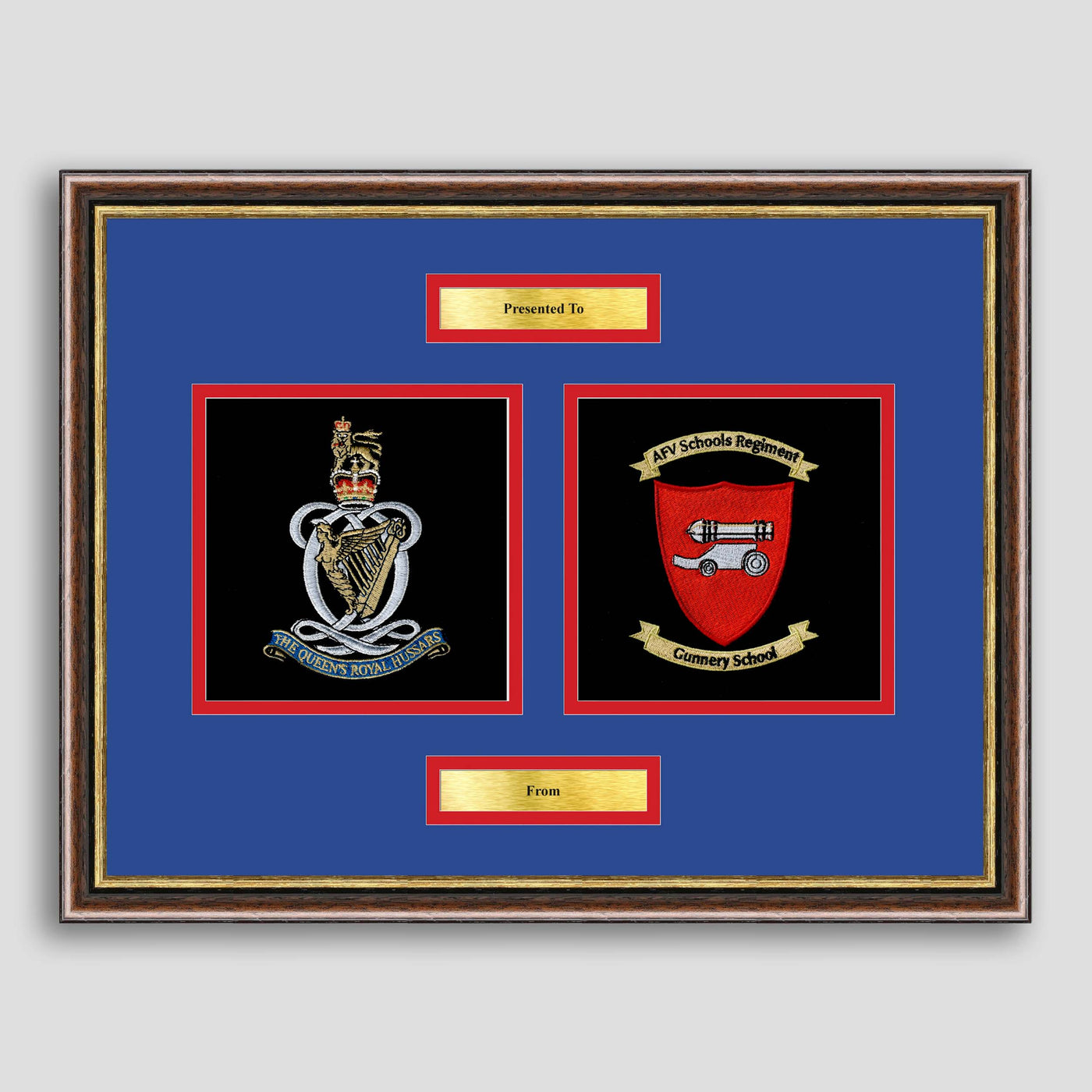 Queen's Royal Hussars & AFV Gunnery School Framed Military Embroidery Presentation