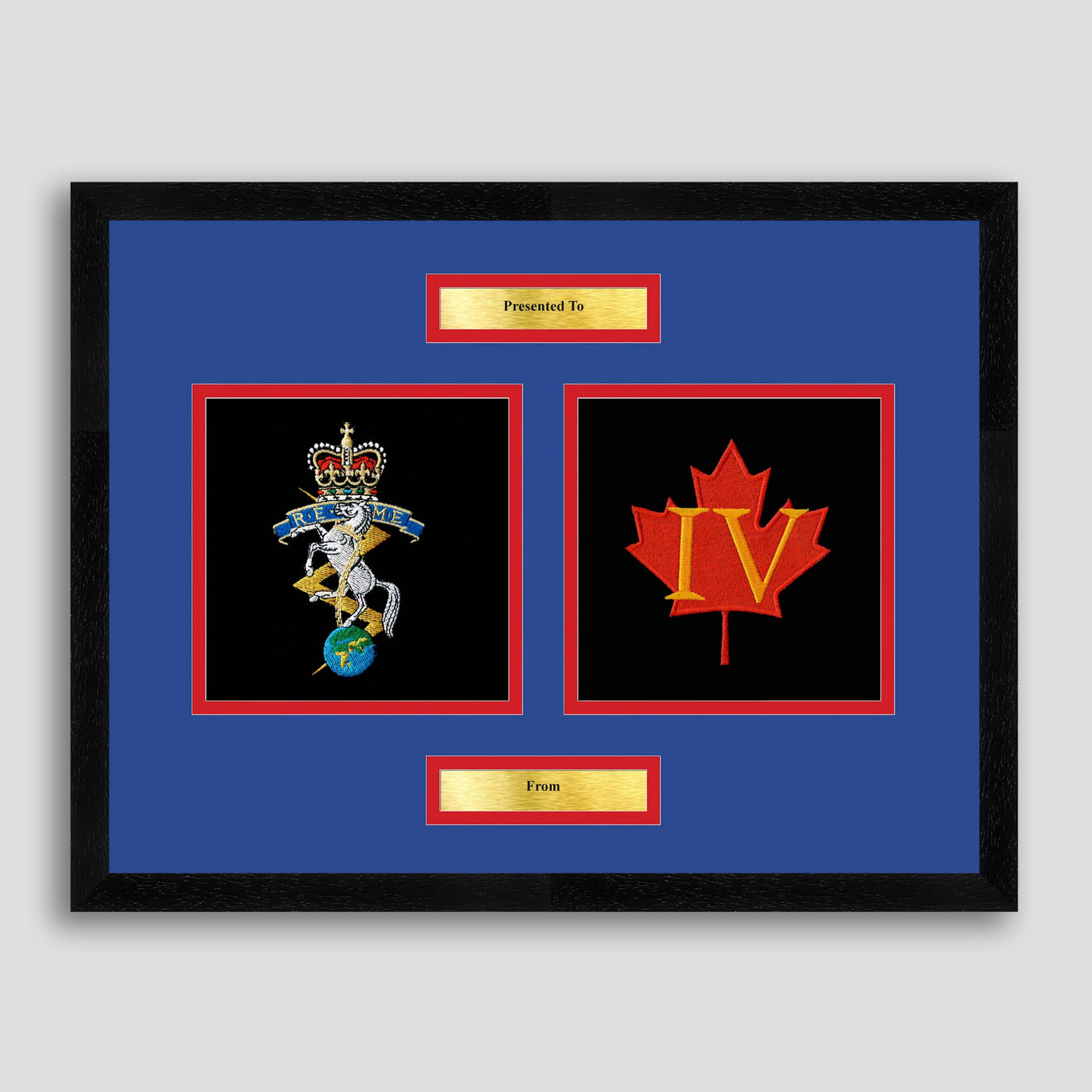 REME Crest & 4Bn Maple Leaf Framed Military Embroidery Presentation