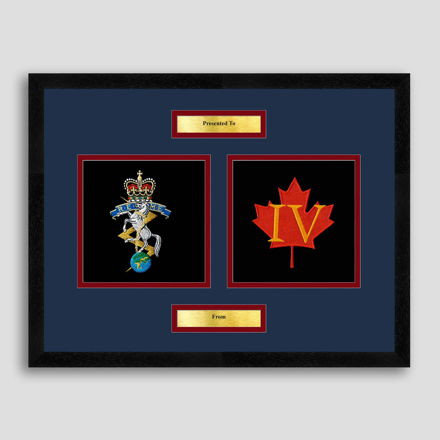 REME Crest & 4Bn Maple Leaf Framed Military Embroidery Presentation