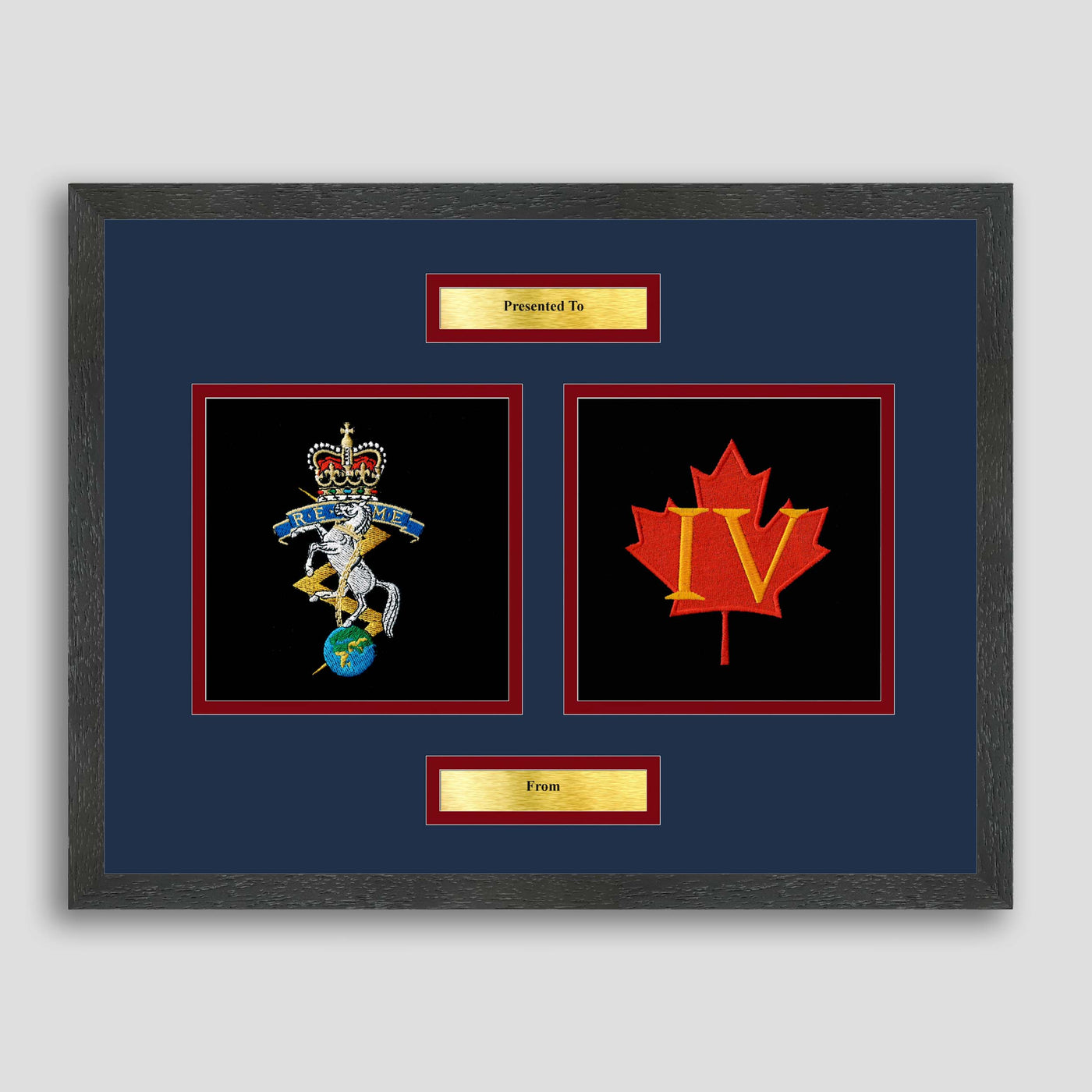 REME Crest & 4Bn Maple Leaf Framed Military Embroidery Presentation