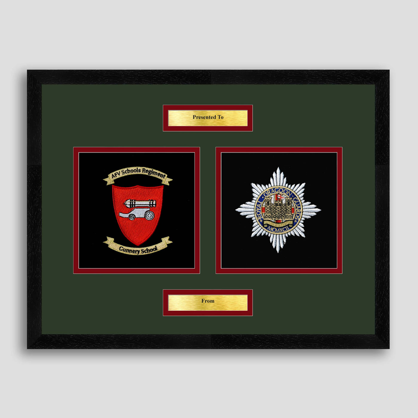 AFV Gunnery School Corps & Royal Dragoon Guards Framed Military Embroidery Presentation