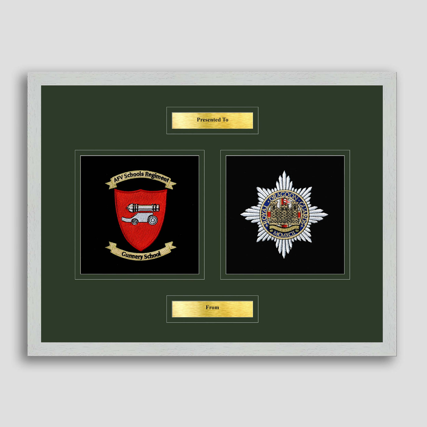 AFV Gunnery School Corps & Royal Dragoon Guards Framed Military Embroidery Presentation