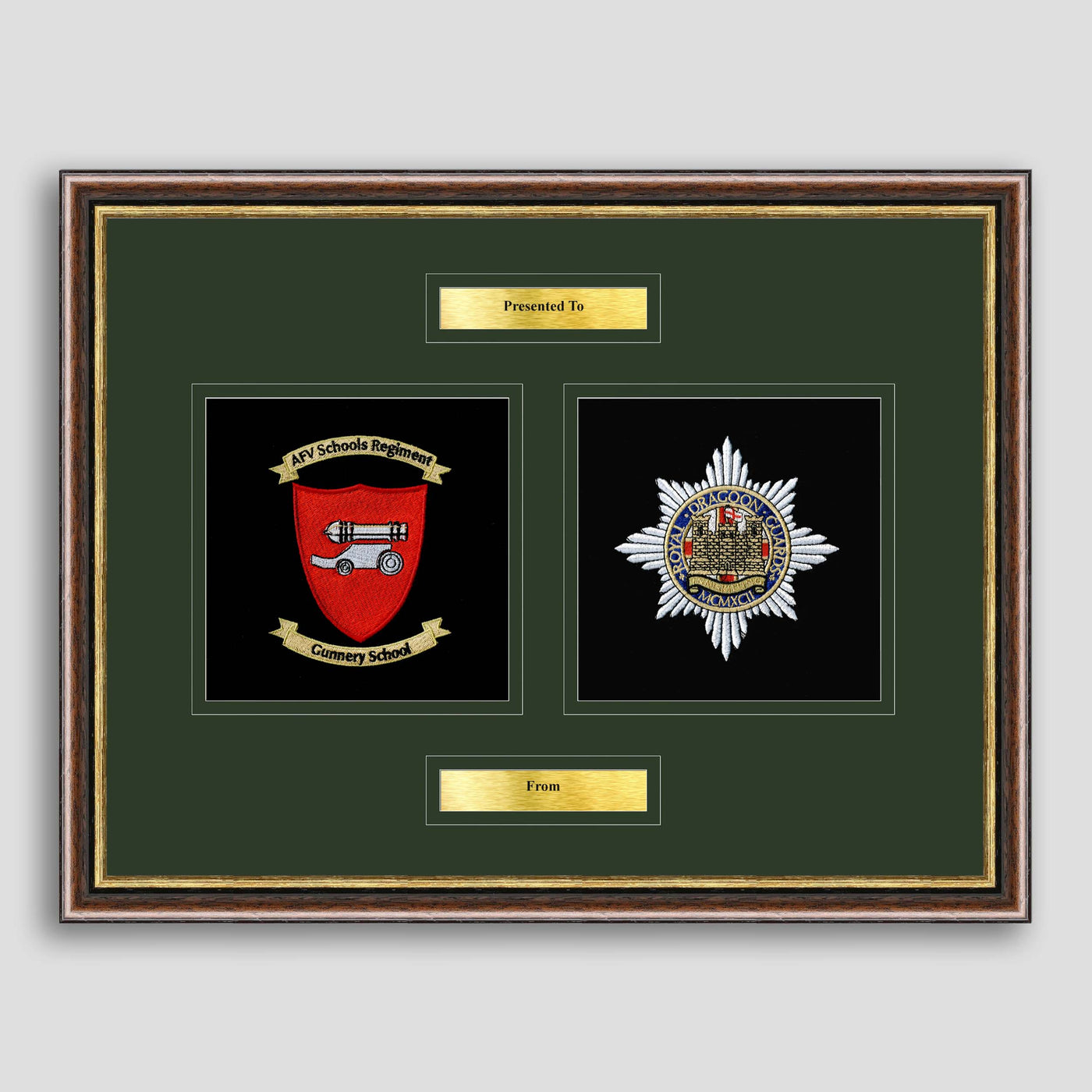 AFV Gunnery School Corps & Royal Dragoon Guards Framed Military Embroidery Presentation