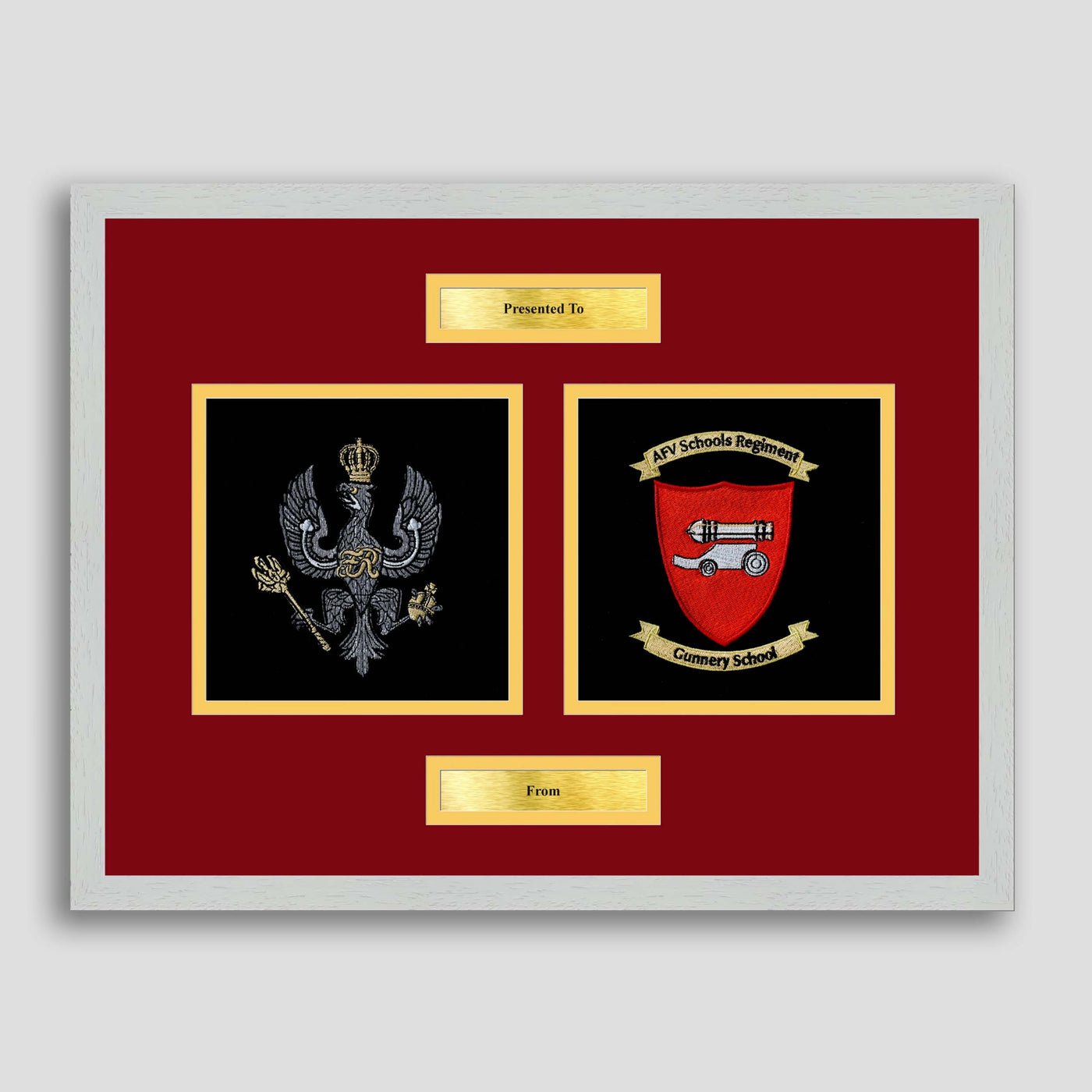 Kings Royal Hussars & AFV Gunnery School Framed Military Embroidery Presentation