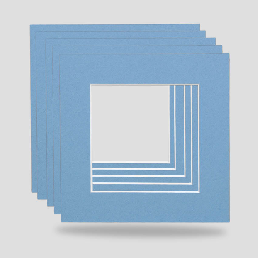 Baby blue 6x6 picture frame mounts available in a variety of colours. Machine cut for the perfect cut, ideal for prints, arts, photographs and objects.  Standard size picture frame mounts are 1400 micron thick and conservation grade.