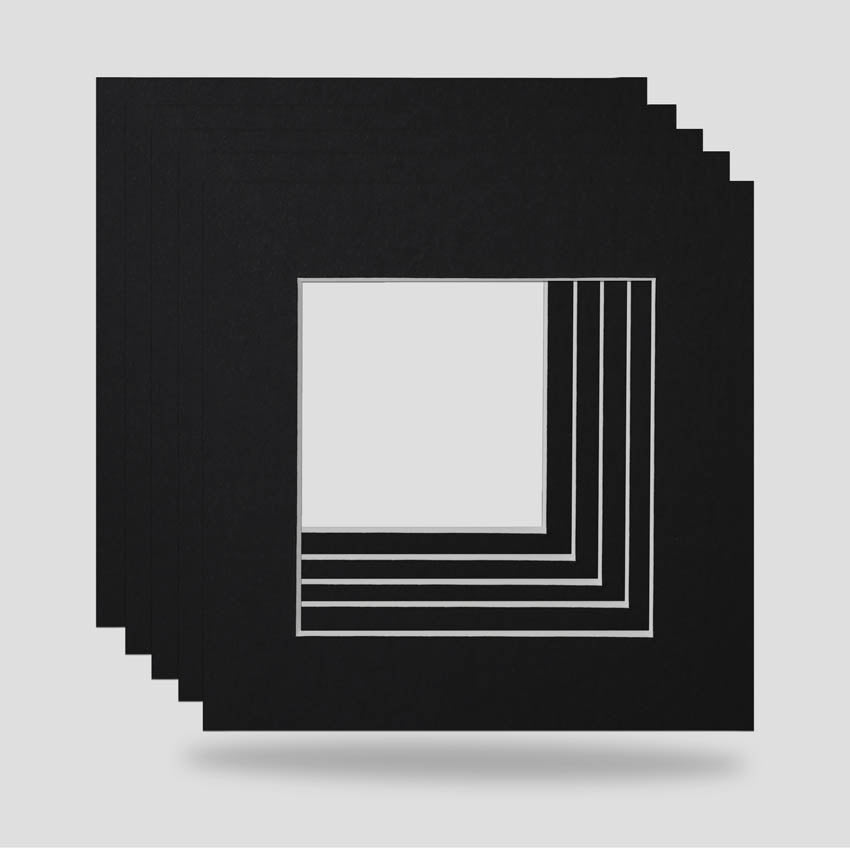 Black 6x6 picture frame mounts available in a variety of colours. Machine cut for the perfect cut, ideal for prints, arts, photographs and objects.  Standard size picture frame mounts are 1400 micron thick and conservation grade.