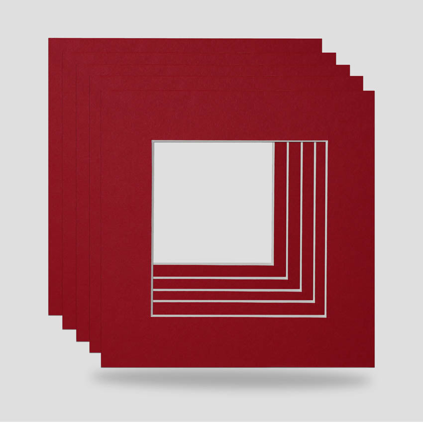 Dark Red 6x6 picture frame mounts available in a variety of colours. Machine cut for the perfect cut, ideal for prints, arts, photographs and objects.  Standard size picture frame mounts are 1400 micron thick and conservation grade.