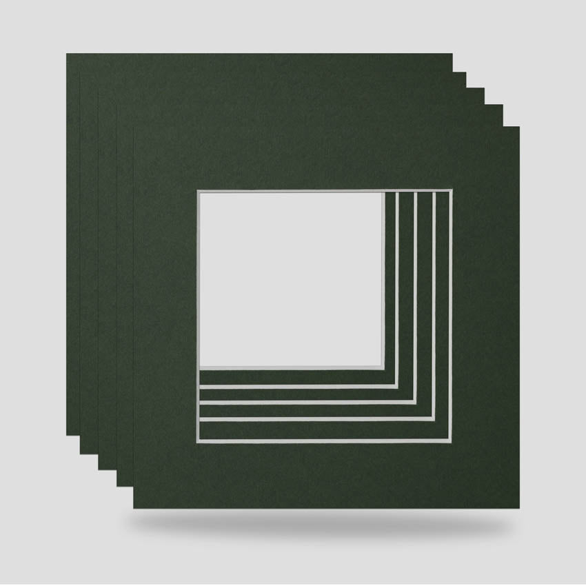 Dark Green 6x6 picture frame mounts available in a variety of colours. Machine cut for the perfect cut, ideal for prints, arts, photographs and objects.  Standard size picture frame mounts are 1400 micron thick and conservation grade.