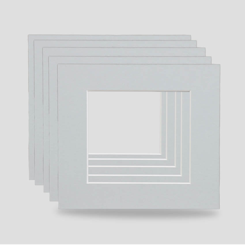 Light grey 6x6 picture frame mounts available in a variety of colours. Machine cut for the perfect cut, ideal for prints, arts, photographs and objects.  Standard size picture frame mounts are 1400 micron thick and conservation grade.
