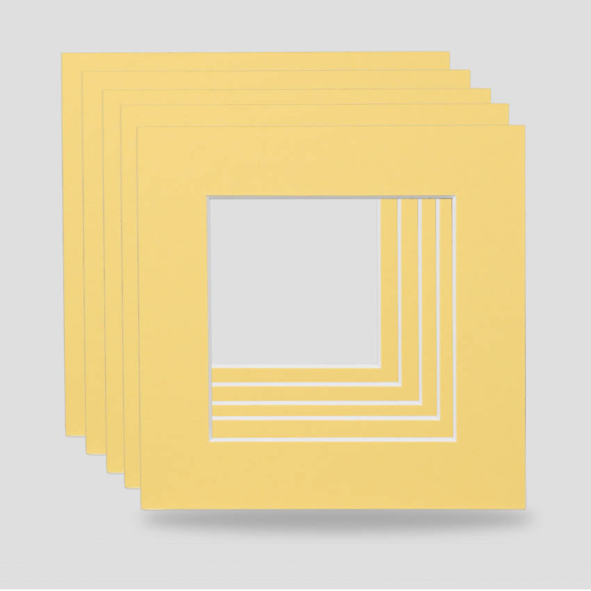 Bright yellow primrose 6x6 picture frame mounts available in a variety of colours. Machine cut for the perfect cut, ideal for prints, arts, photographs and objects.  Standard size picture frame mounts are 1400 micron thick and conservation grade.