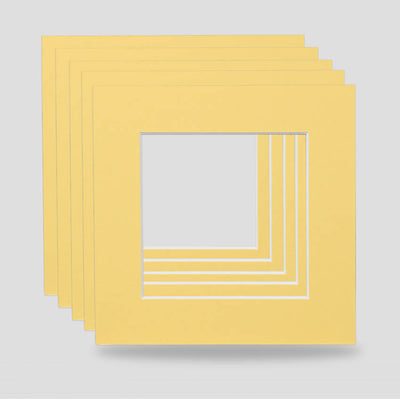 Bright yellow primrose 6x6 picture frame mounts available in a variety of colours. Machine cut for the perfect cut, ideal for prints, arts, photographs and objects.  Standard size picture frame mounts are 1400 micron thick and conservation grade.