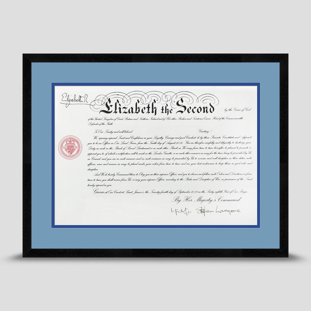 Military Warrant Commission Scroll picture frame with a light blue & blue mount