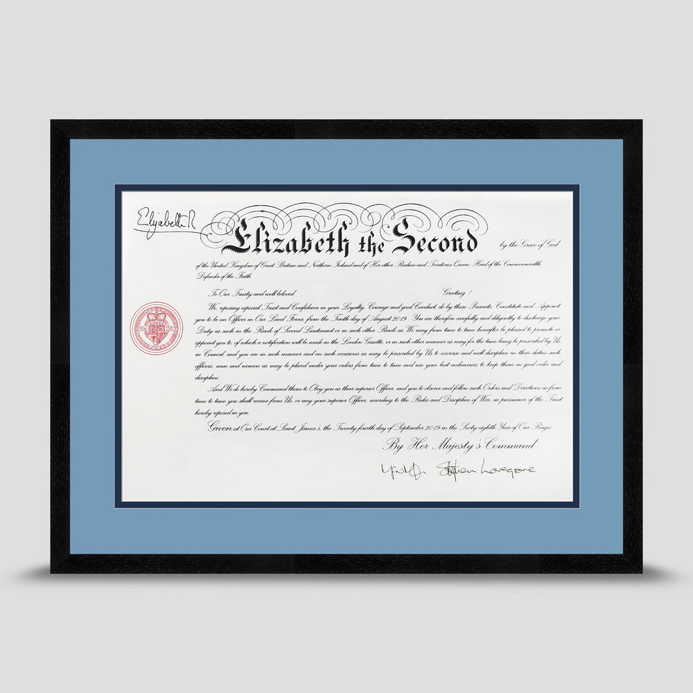 Military Warrant Commission Scroll picture frame with a light blue & dark blue mount