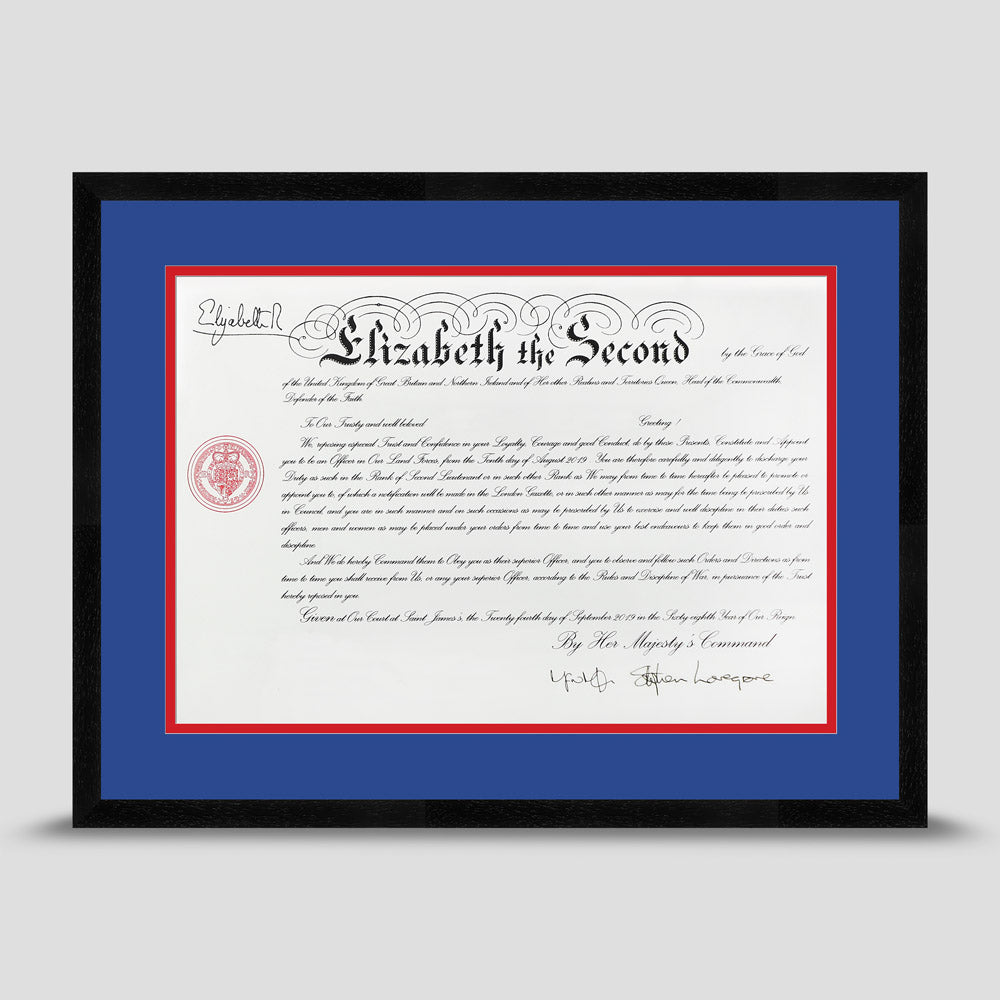 Military Warrant Commission Scroll picture frame with a blue & red mount