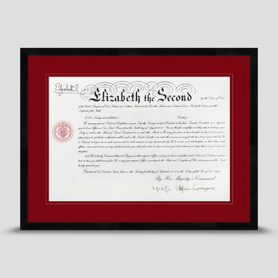 Military Warrant Commission Scroll picture frame with a double mount in dark red