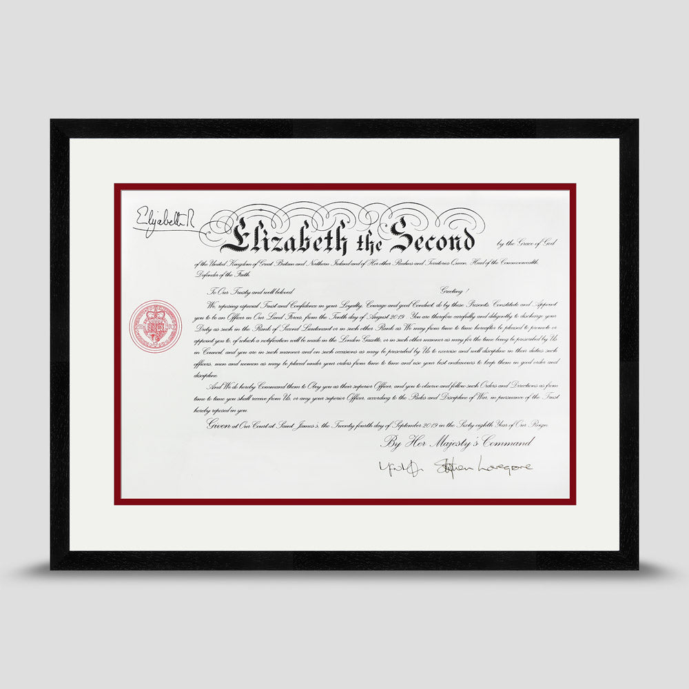 Military Warrant Commission Scroll picture frame with a soft white & dark red mount