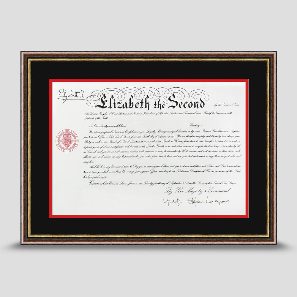 Military Warrant Commission Scroll picture frame with a black & red mount