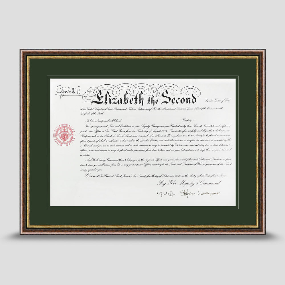 Military Warrant Commission Scroll picture frame with a double mount in dark green