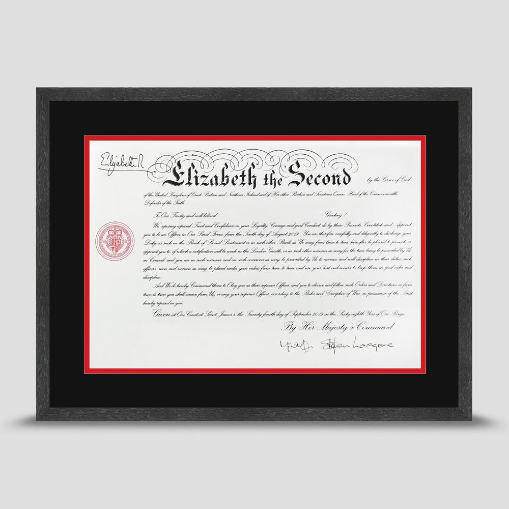 Military Warrant Commission Scroll picture frame with a black & red mount