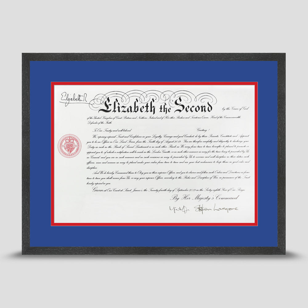 Military Warrant Commission Scroll picture frame with a blue & red mount