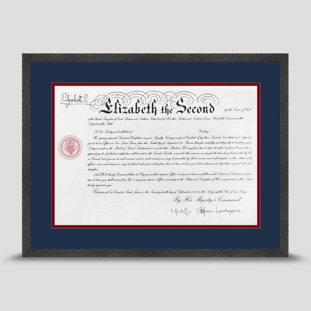 Military Warrant Commission Scroll picture frame with a dark blue & dark red mount