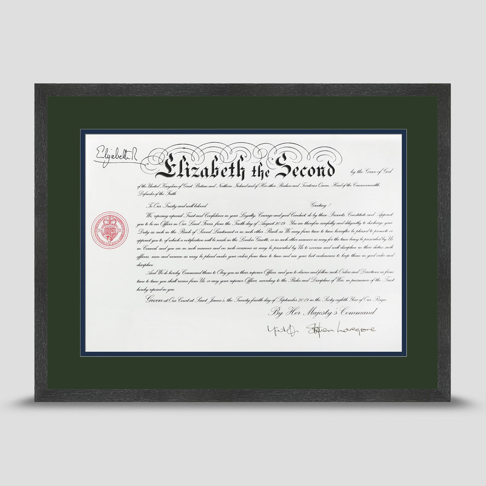 Military Warrant Commission Scroll picture frame with a dark green & dark blue mount