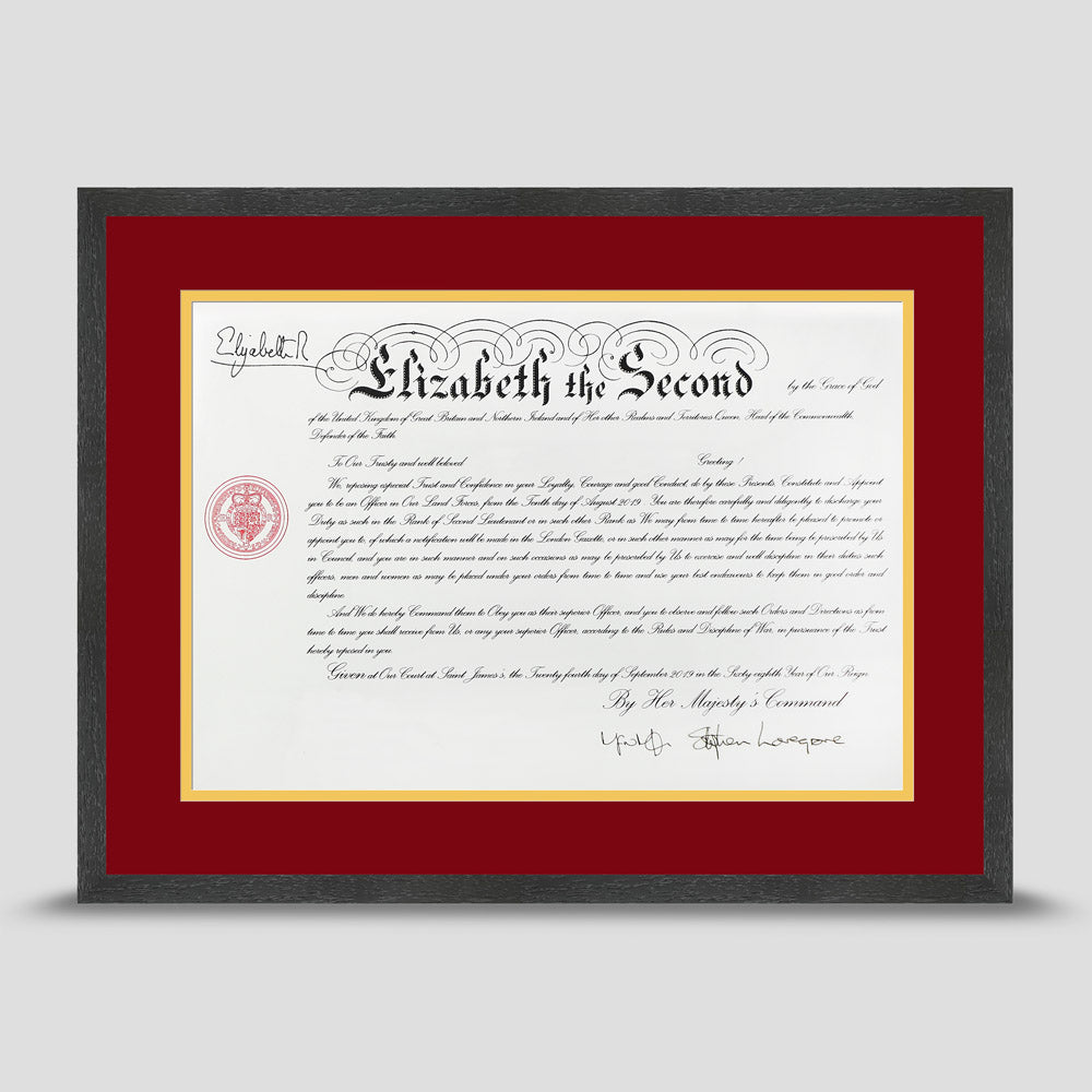 Military Warrant Commission Scroll picture frame with a dark red & yellow mount