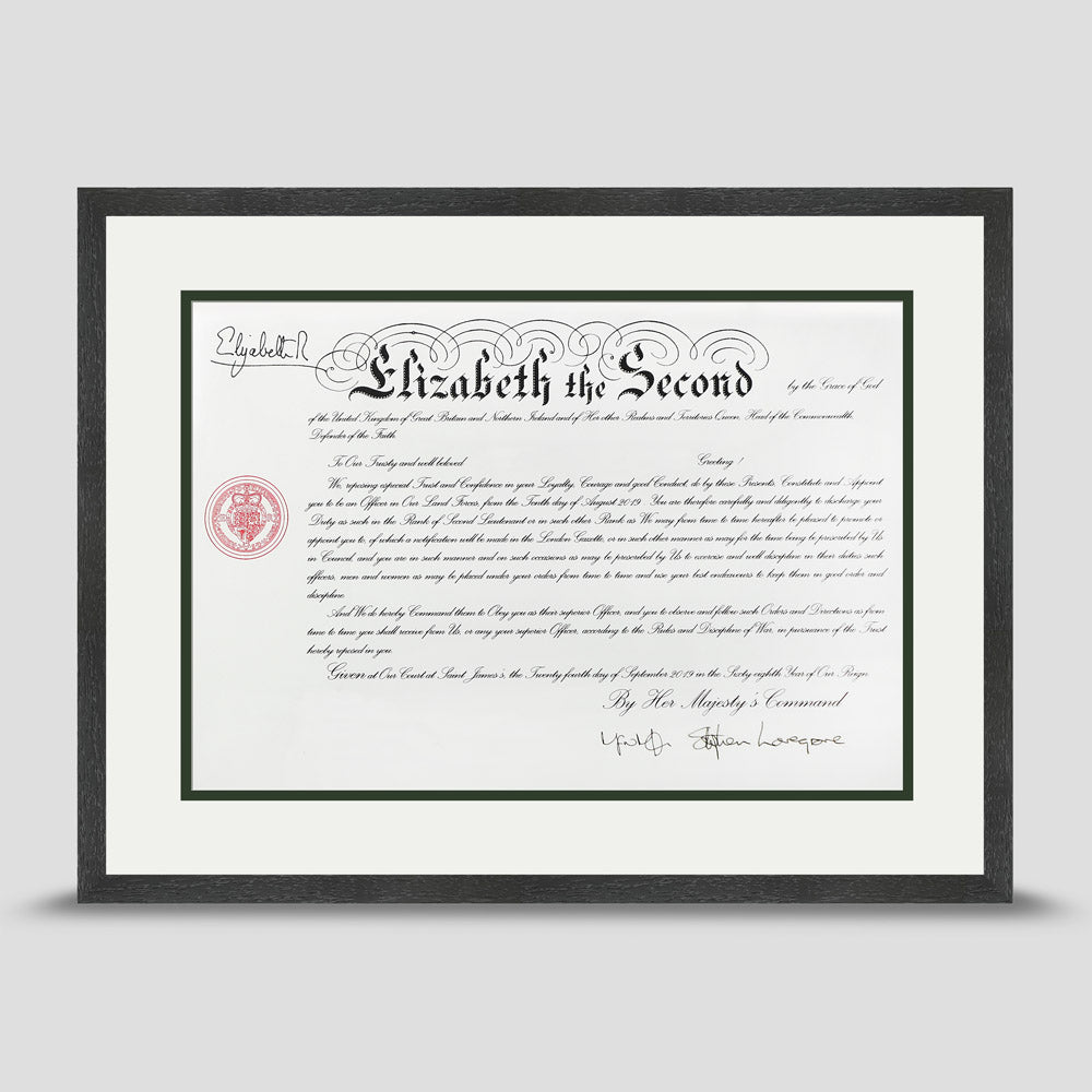 Military Warrant Commission Scroll picture frame with a soft white and dark green mount