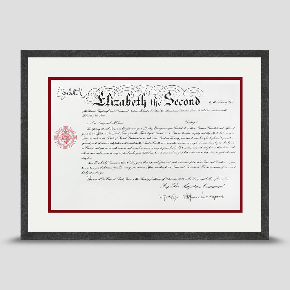 Military Warrant Commission Scroll picture frame with a soft white & dark red mount