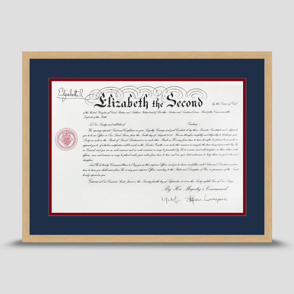 Military Warrant Commission Scroll picture frame with a dark blue & dark red mount