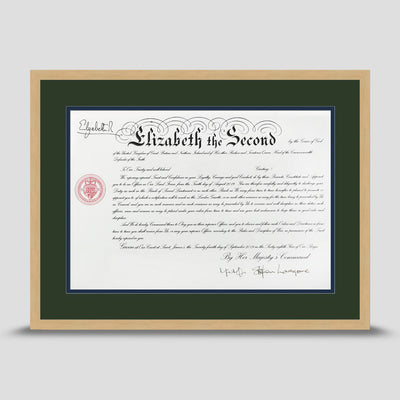 Military Warrant Commission Scroll picture frame with a dark green & dark blue mount