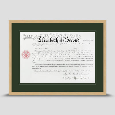 Military Warrant Commission Scroll picture frame with a double mount in dark green