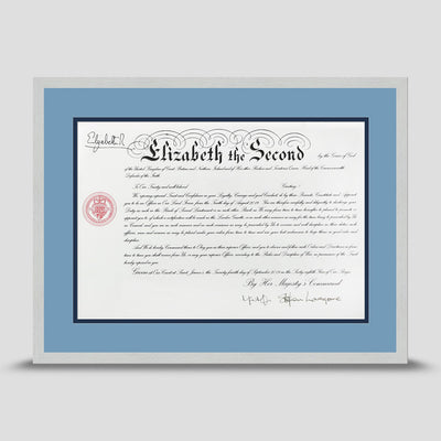 Military Warrant Commission Scroll picture frame with a light blue & dark blue mount