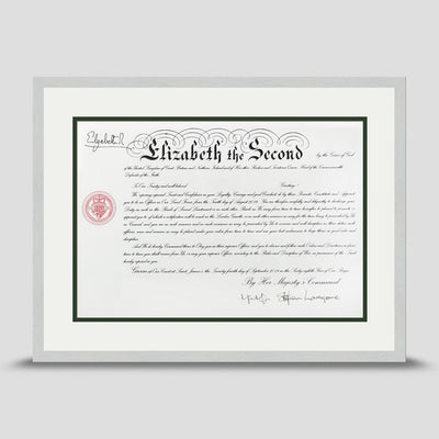Military Warrant Commission Scroll picture frame with a soft white and dark green mount